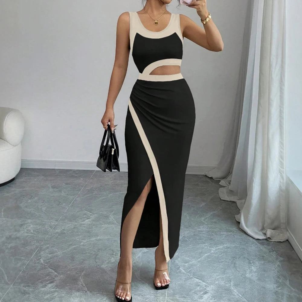 Cut-Out Bodycon Maxi Dress – Black & Beige, Sleeveless, Thigh-High Slit
