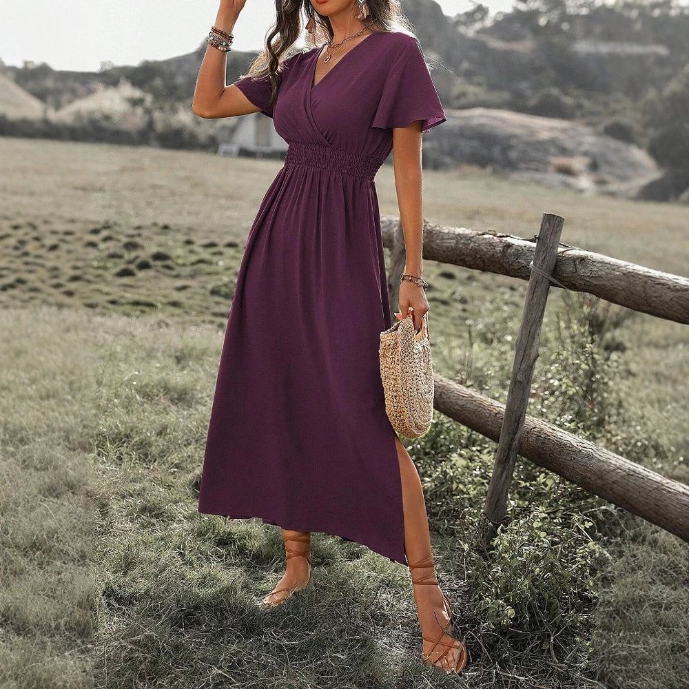 Boho V-Neck Maxi Dress – Short Sleeve, Flowy Fit, Casual Summer Style