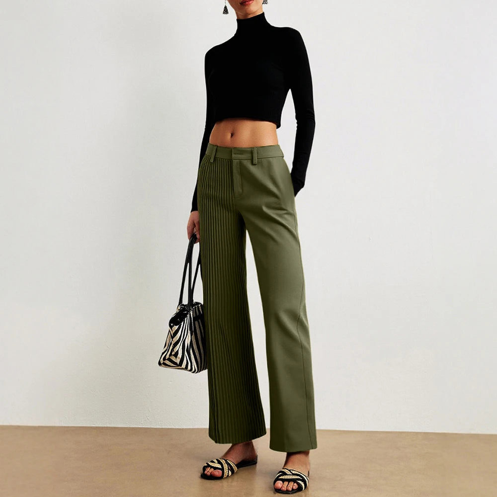 High-Waist Pleated Wide-Leg Trousers – Olive Green, Smart Casual