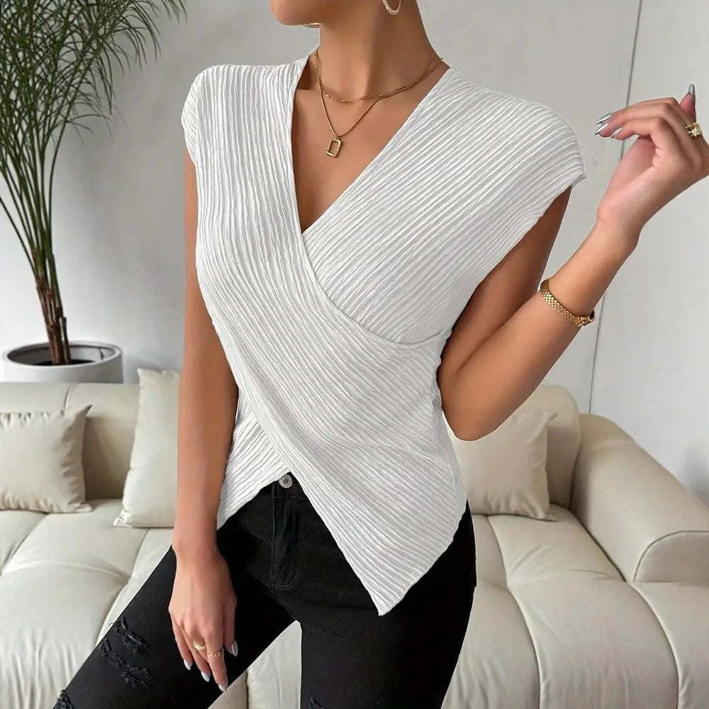 Ribbed V-Neck Wrap Blouse – Sleeveless Knit Top