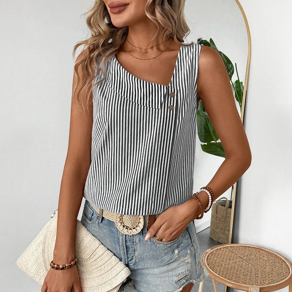 Striped Sleeveless Tank Top – Button Detail Casual Summer Blouse
