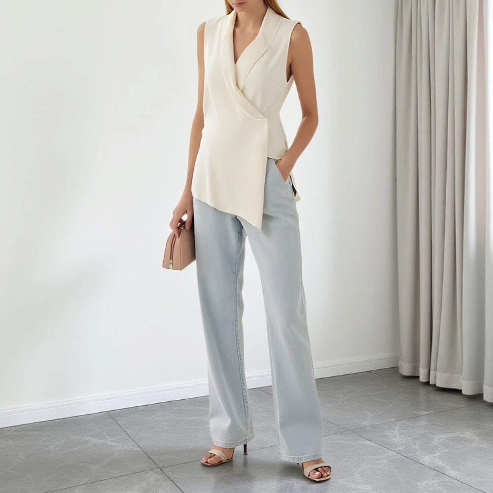 Ivory Sleeveless Shawl Collar Blouse