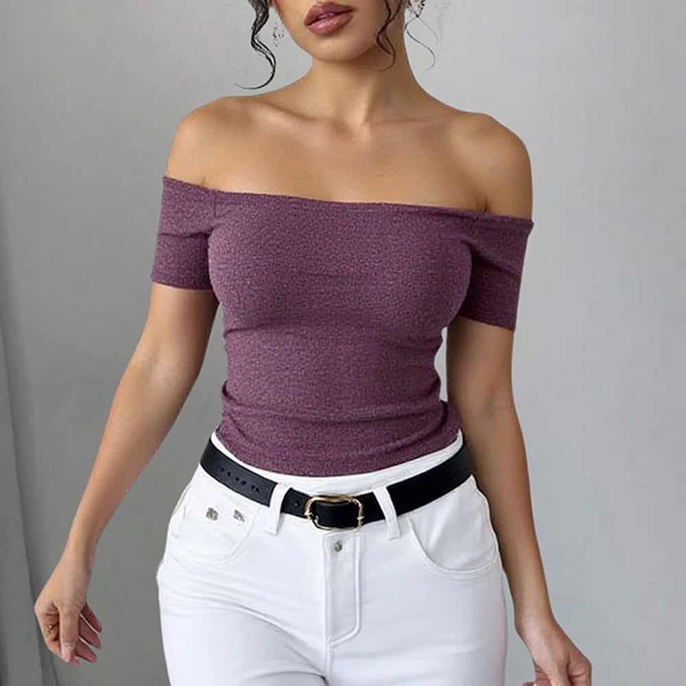 Off-Shoulder Ribbed Crop Top – Mauve, Short Sleeve Fitted Knit