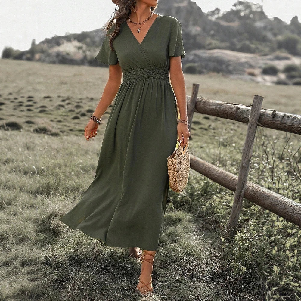 Boho V-Neck Maxi Dress – Short Sleeve, Flowy Fit, Casual Summer Style