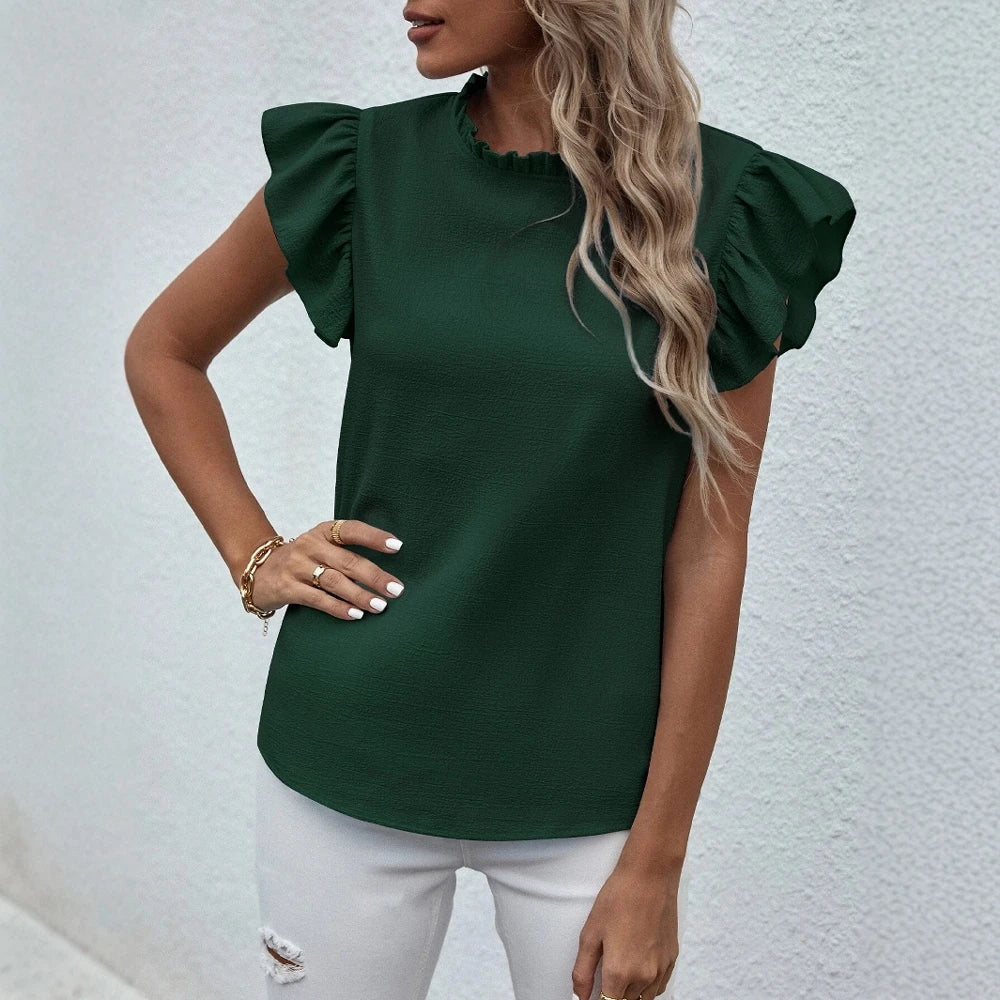 Ruffle Sleeve Blouse – Dark Green, Crew Neck, Casual Chic Top
