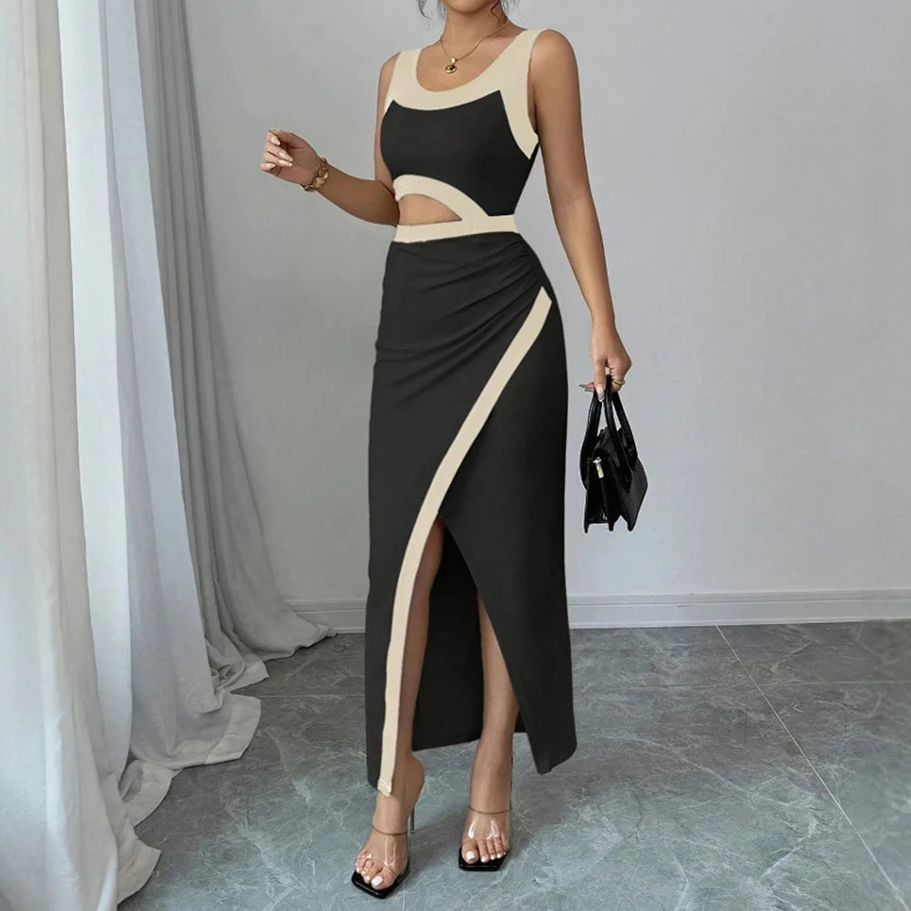 Cut-Out Bodycon Maxi Dress – Black & Beige, Sleeveless, Thigh-High Slit