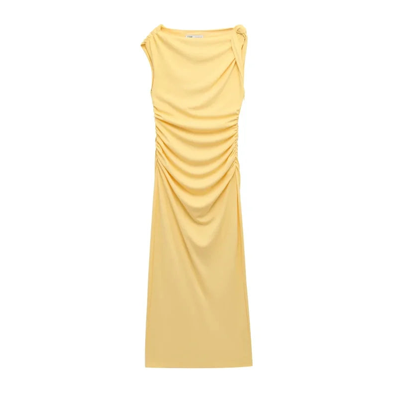 Yellow One-Shoulder Bodycon Midi Dress – Ruched Waist, Elegant Evening Look