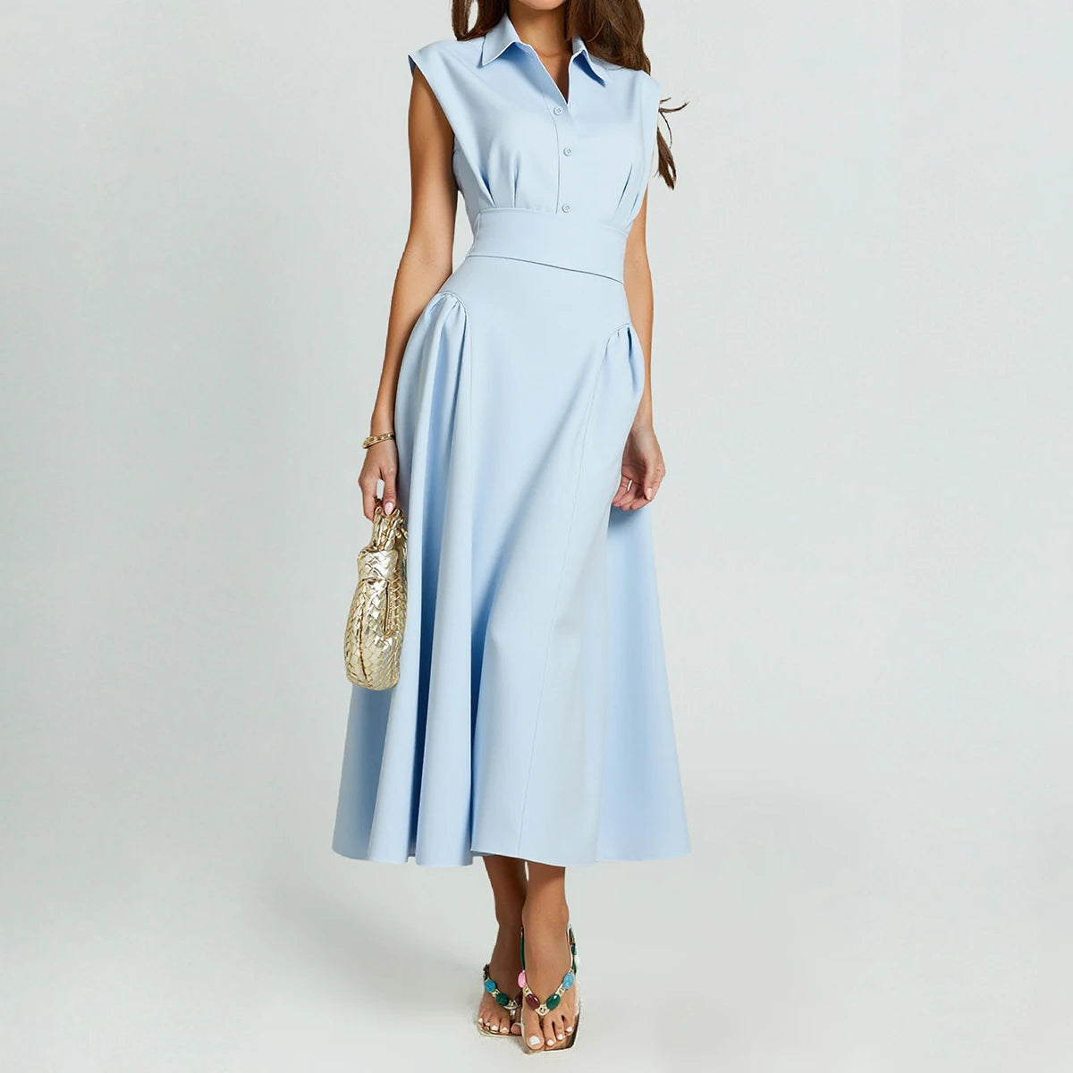 Sleeveless Collared Midi Dress – Light Blue A-Line Button Front