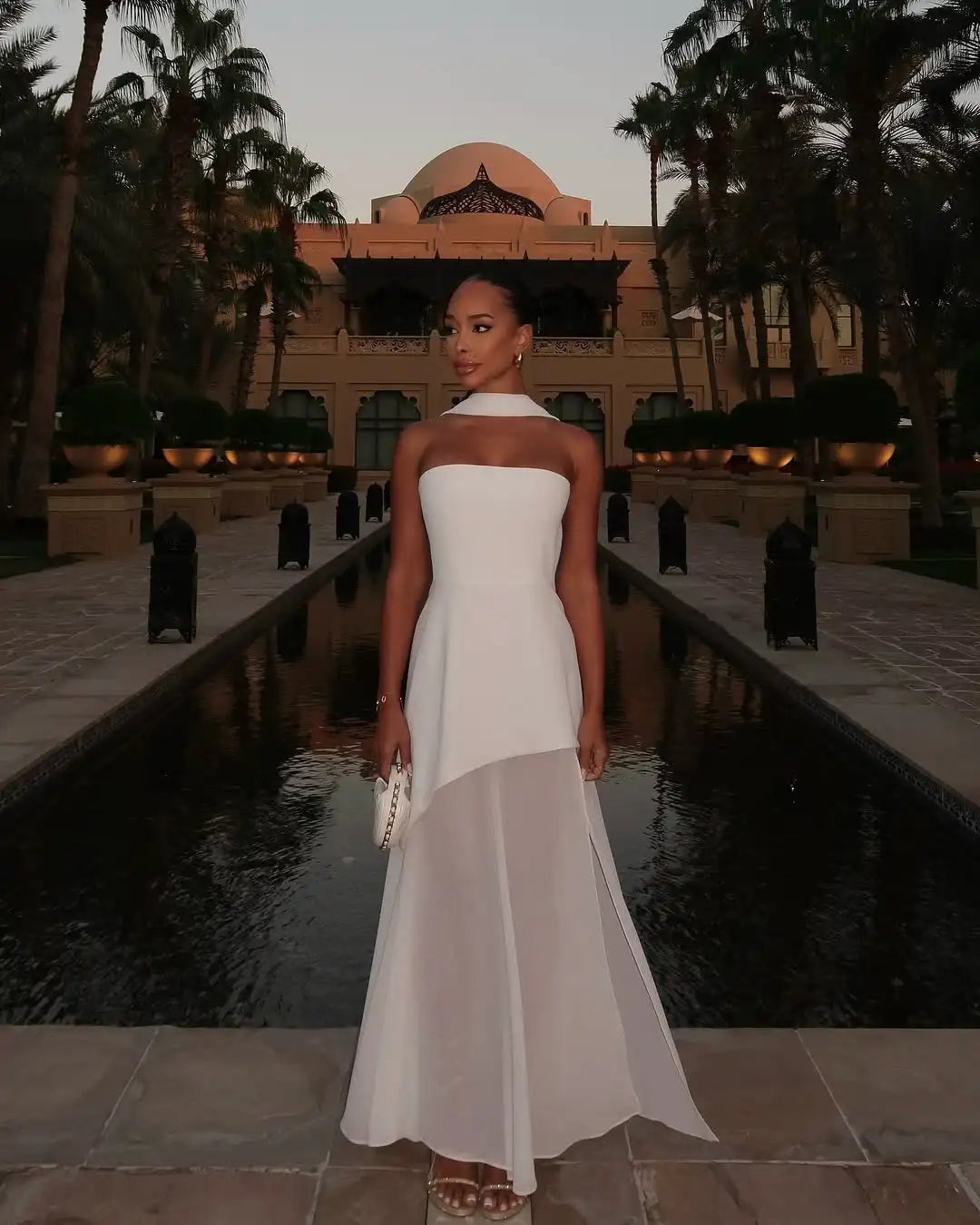 Strapless Flowy Maxi Dress – High Slit, Open Back, Elegant Evening Dress