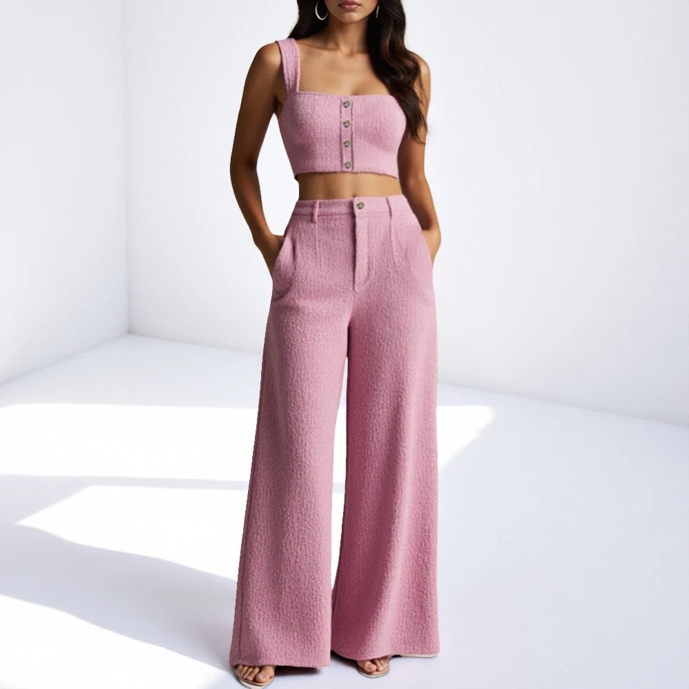 Pink Wide-Leg Pants & Crop Top Two-Piece Set