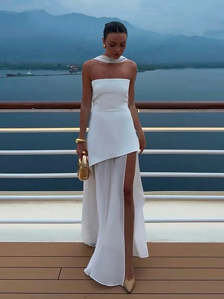 Strapless Flowy Maxi Dress – High Slit, Open Back, Elegant Evening Dress