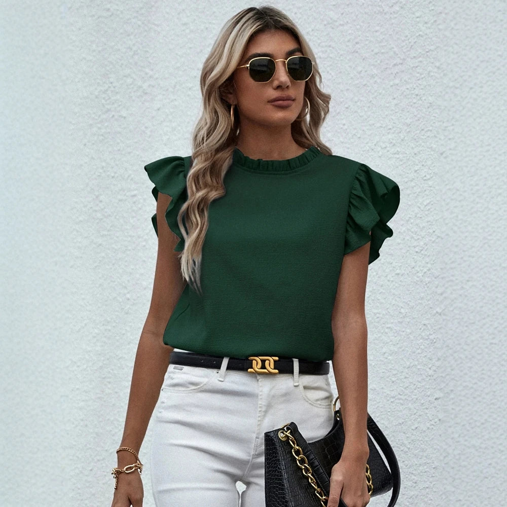 Ruffle Sleeve Blouse – Dark Green, Crew Neck, Casual Chic Top