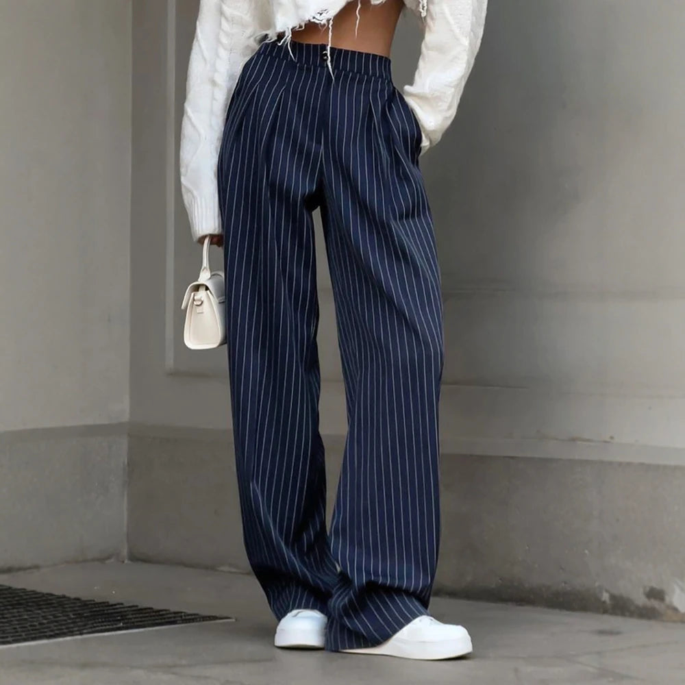 Pinstripe High-Waist Wide-Leg Trousers – Navy Blue, Relaxed Fit Smart Pants
