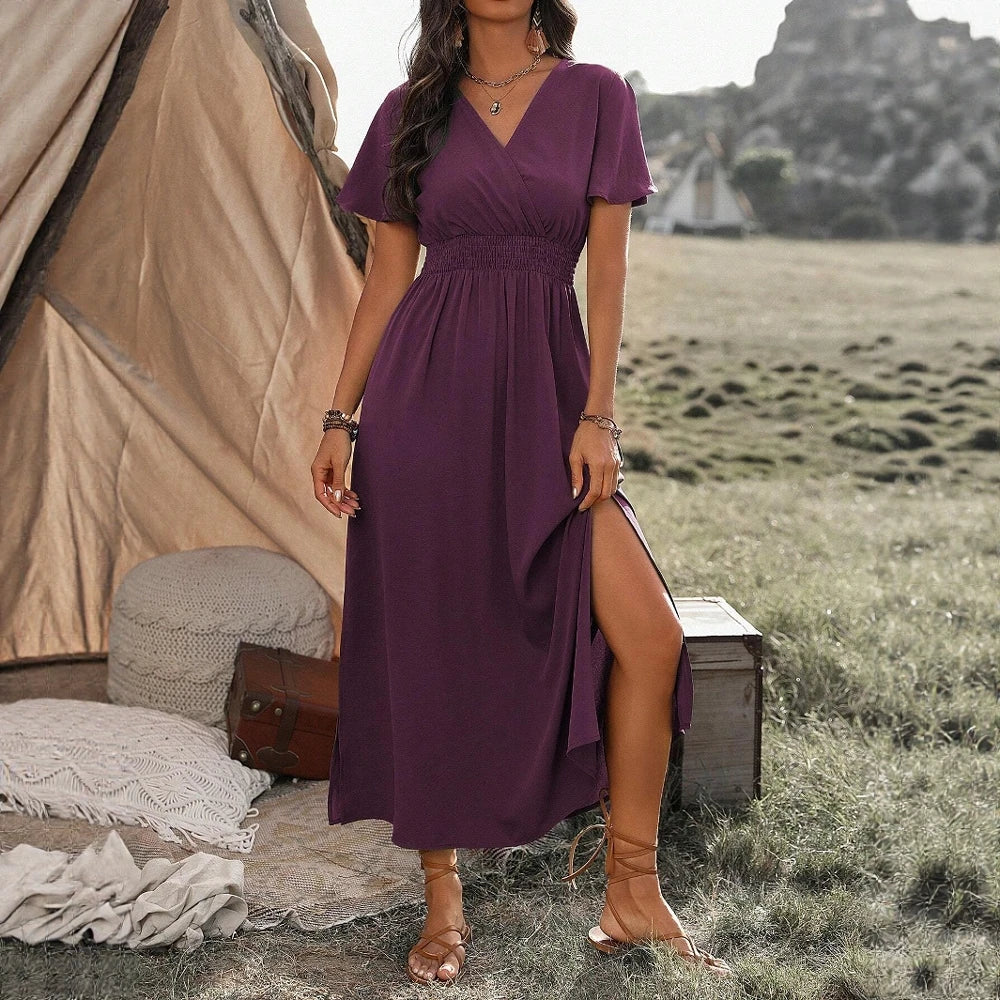 Boho V-Neck Maxi Dress – Short Sleeve, Flowy Fit, Casual Summer Style