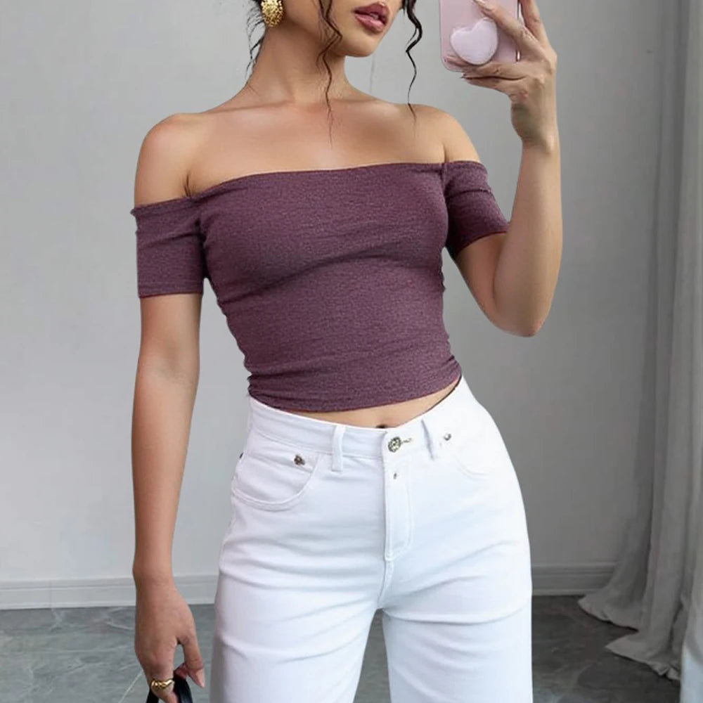 Off-Shoulder Ribbed Crop Top – Mauve, Short Sleeve Fitted Knit
