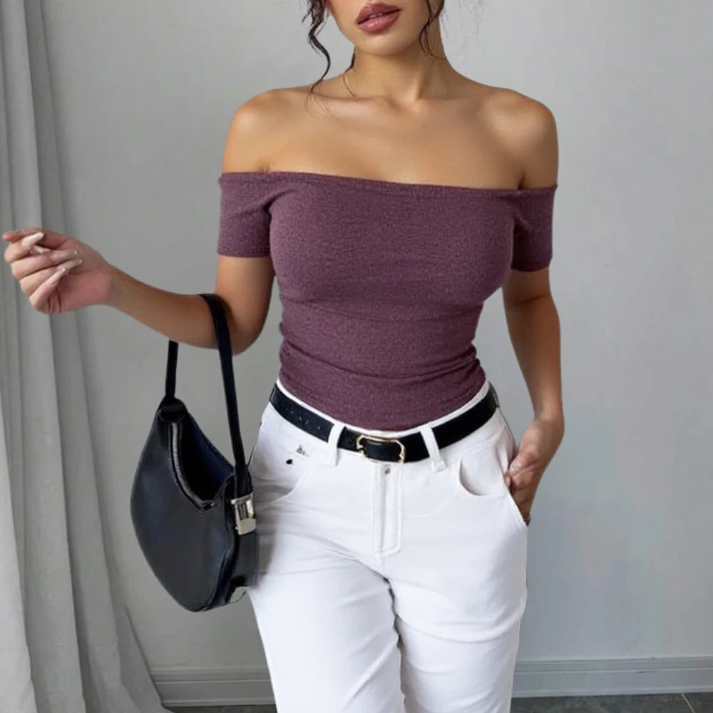 Off-Shoulder Ribbed Crop Top – Mauve, Short Sleeve Fitted Knit