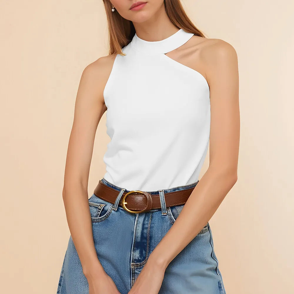 Asymmetric High Neck Sleeveless Top – White Minimal Chic Tank
