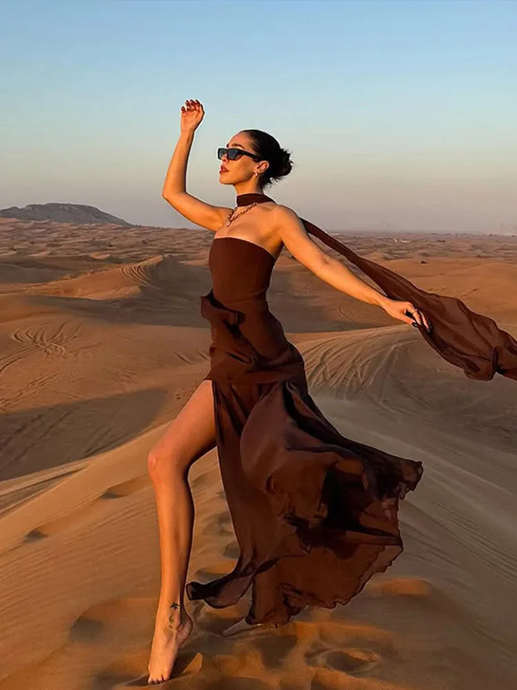 Strapless Flowy Maxi Dress – High Slit, Open Back, Elegant Evening Dress