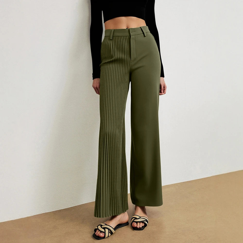 High-Waist Pleated Wide-Leg Trousers – Olive Green, Smart Casual