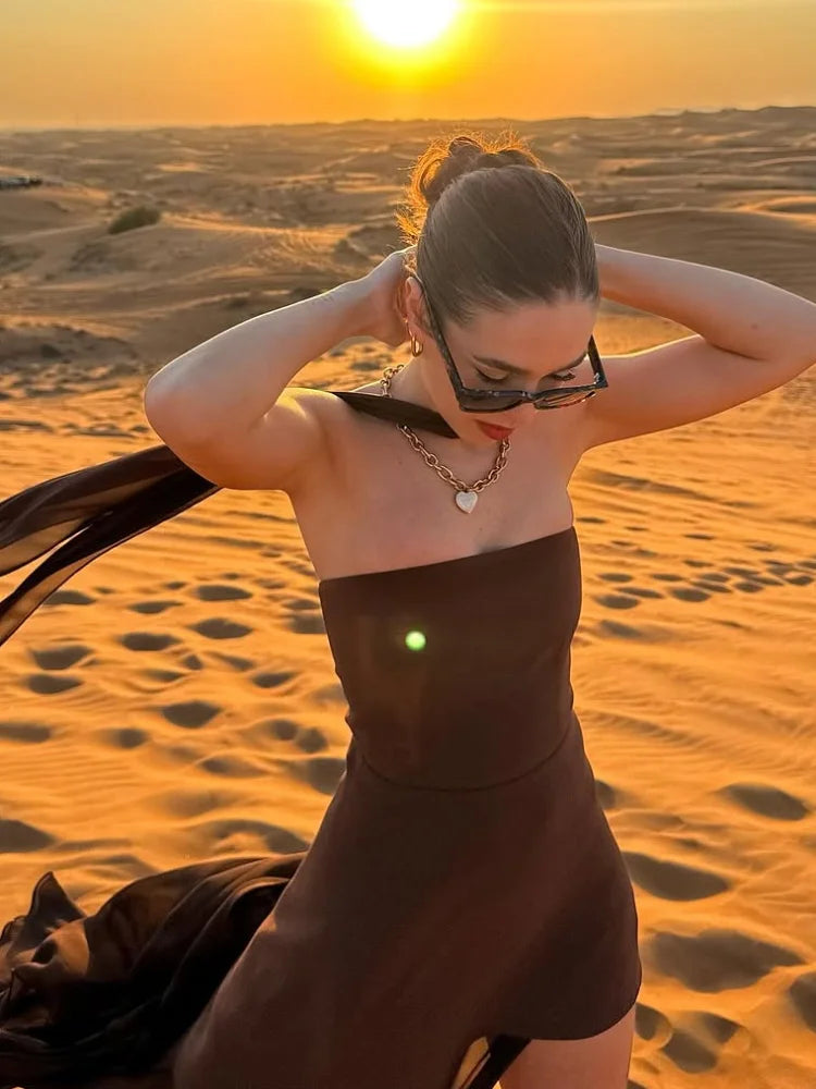 Strapless Flowy Maxi Dress – High Slit, Open Back, Elegant Evening Dress