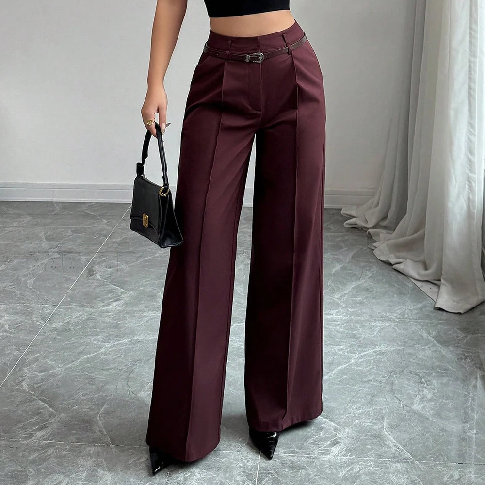 High-Waist Wide-Leg Tailored Trousers – Belted, Smart Casual Pants