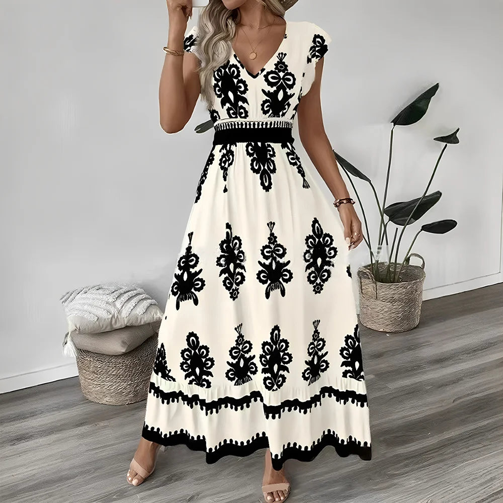 Boho V-Neck Maxi Dress – Short Sleeve, Printed Summer Dress