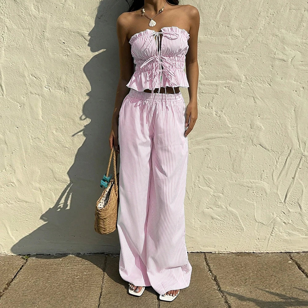 Striped Strapless Top & Wide-Leg Pant Set – Two-Piece Summer Outfit