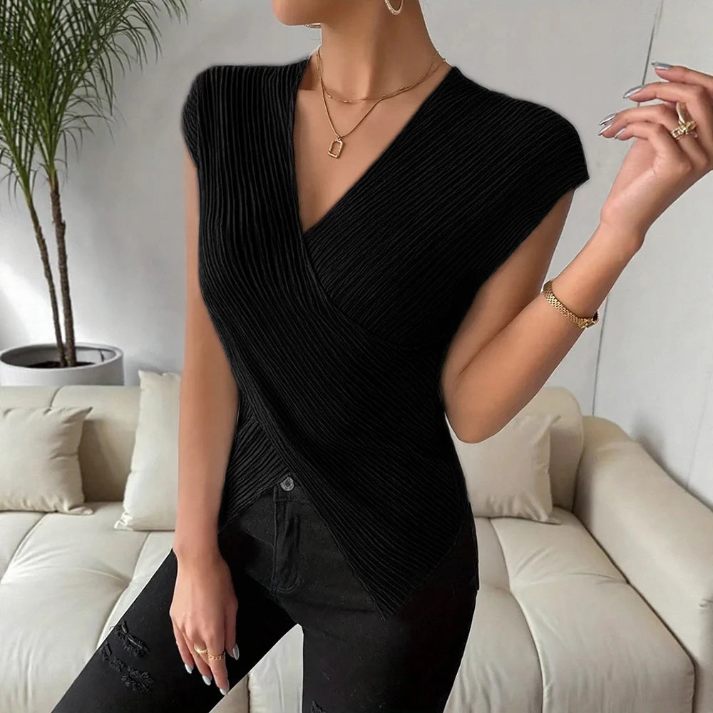 Ribbed V-Neck Wrap Blouse – Sleeveless Knit Top