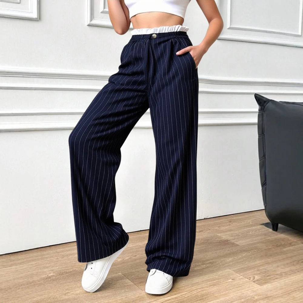 Pinstripe Wide-Leg Pants – Navy, Elastic Waist Drawstring Trousers