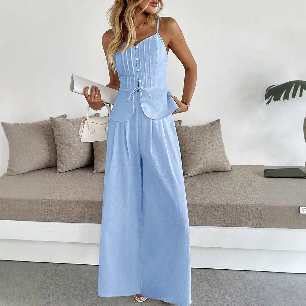 Spaghetti Strap Top & Wide-Leg Pant Two-Piece Set