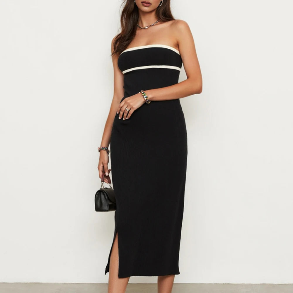 Strapless Black Midi Dress – White Trim, Bodycon Fit, Side Slit