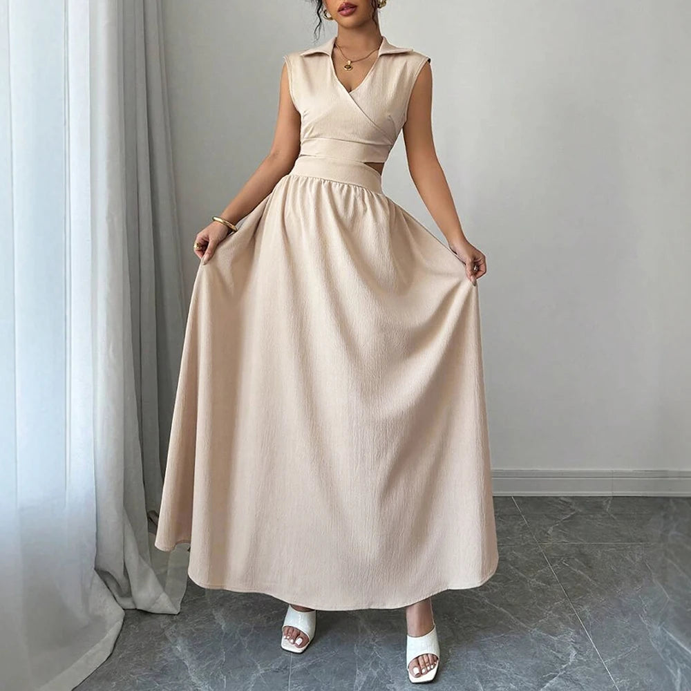 Sleeveless V-Neck Pleated Maxi Dress