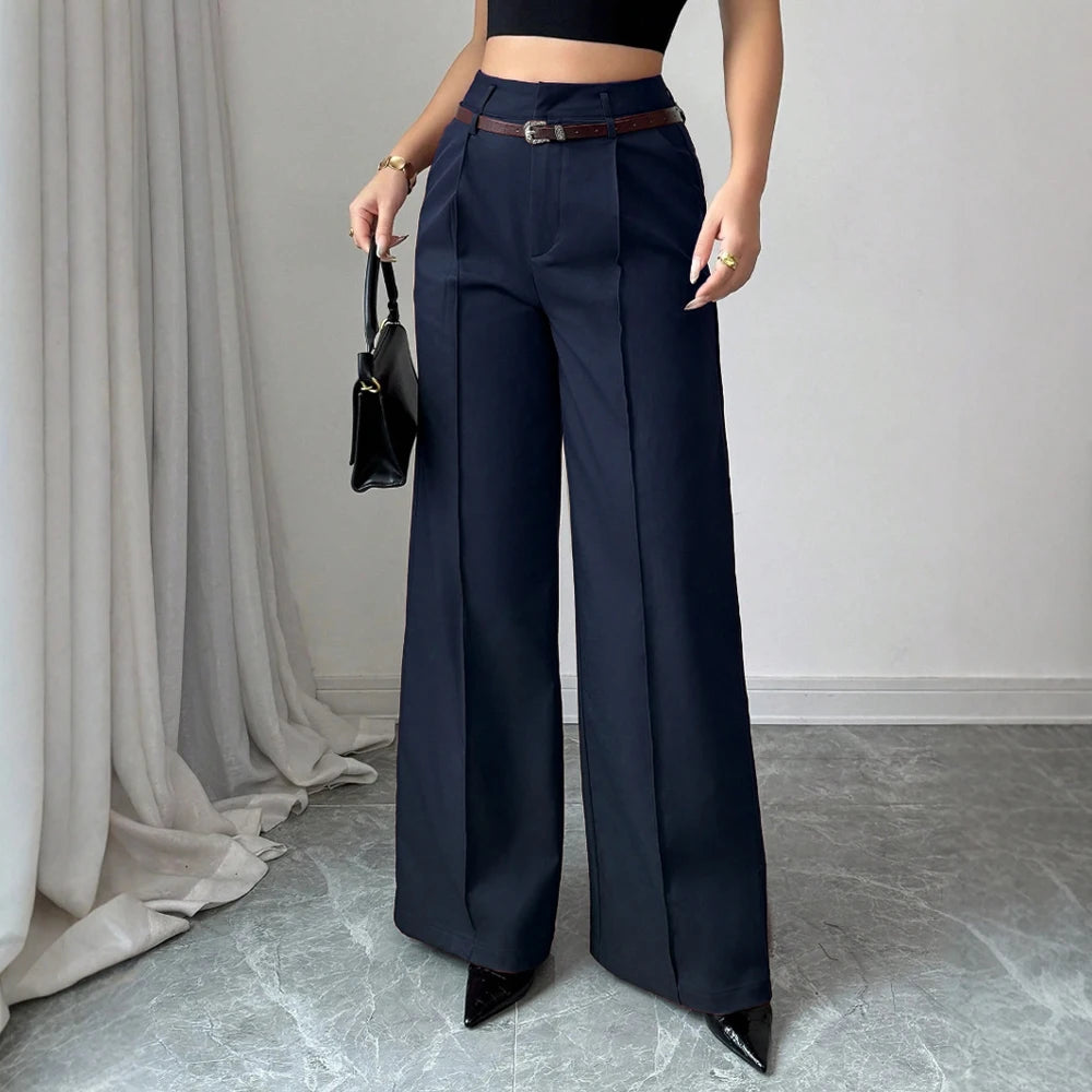 High-Waist Wide-Leg Tailored Trousers – Belted, Smart Casual Pants