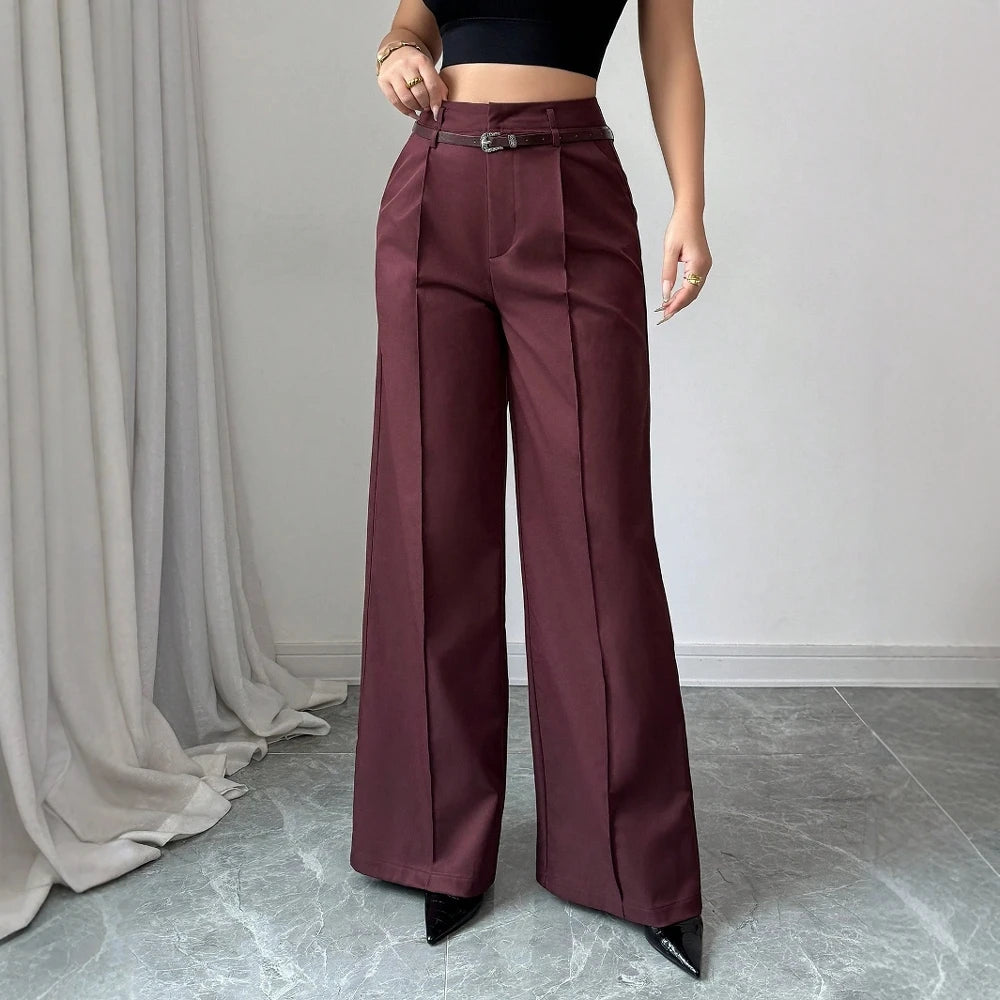 High-Waist Wide-Leg Tailored Trousers – Belted, Smart Casual Pants