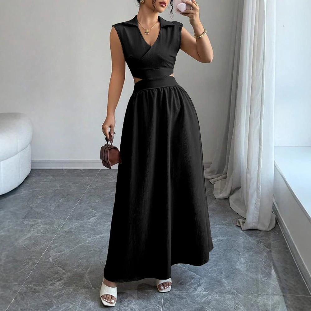 Sleeveless V-Neck Pleated Maxi Dress