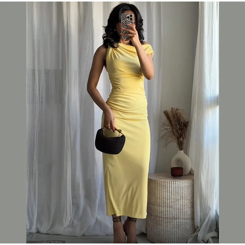 Yellow One-Shoulder Bodycon Midi Dress – Ruched Waist, Elegant Evening Look