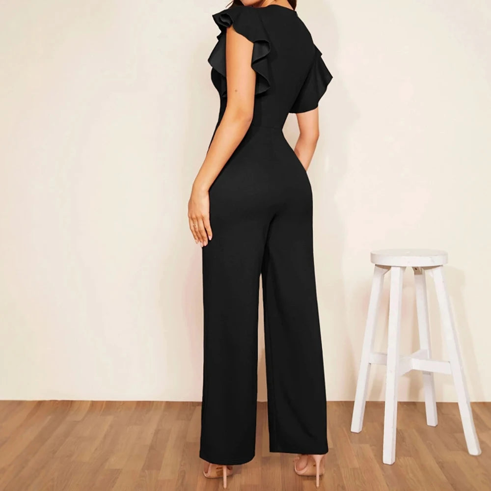 Black Wide-Leg Jumpsuit – Flutter Sleeve, Deep V-Neck Elegant One-Piece