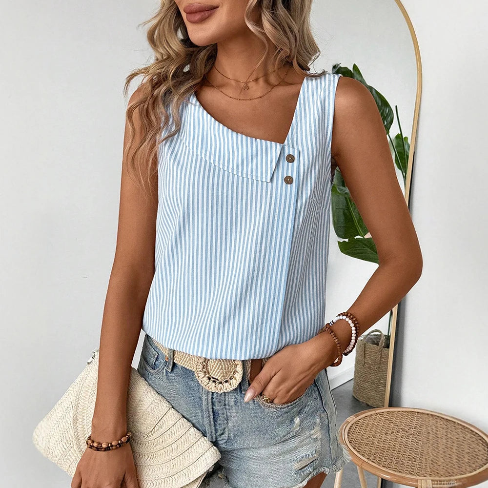Striped Sleeveless Tank Top – Button Detail Casual Summer Blouse