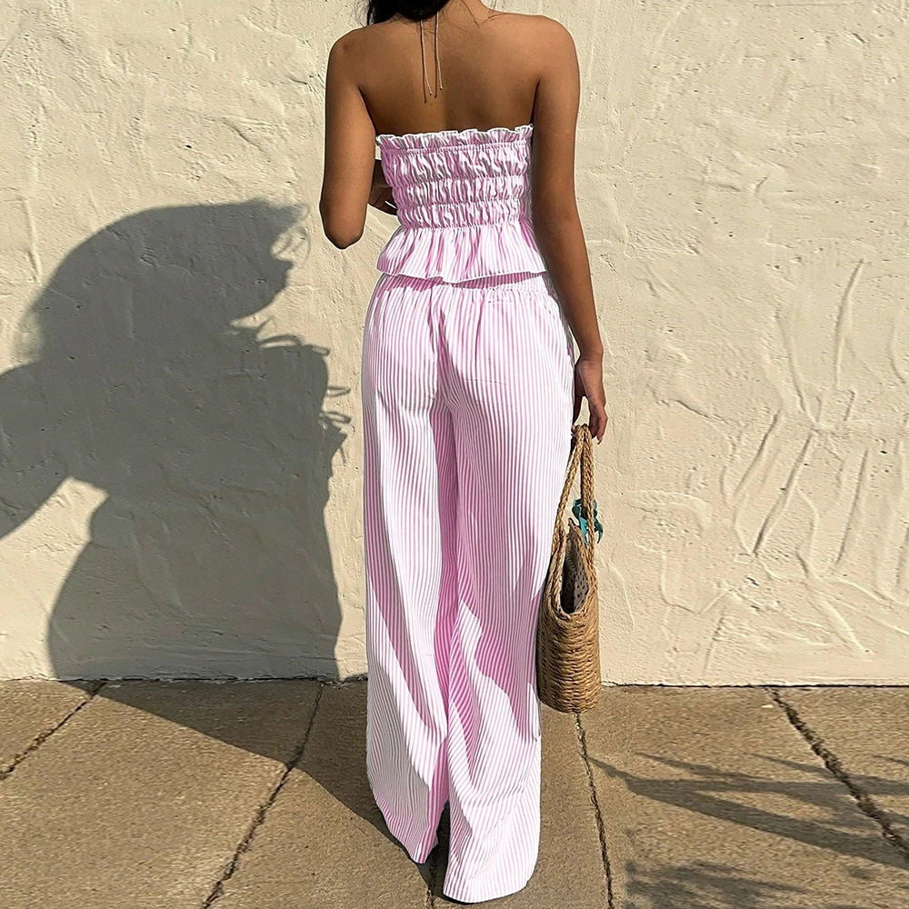 Striped Strapless Top & Wide-Leg Pant Set – Two-Piece Summer Outfit