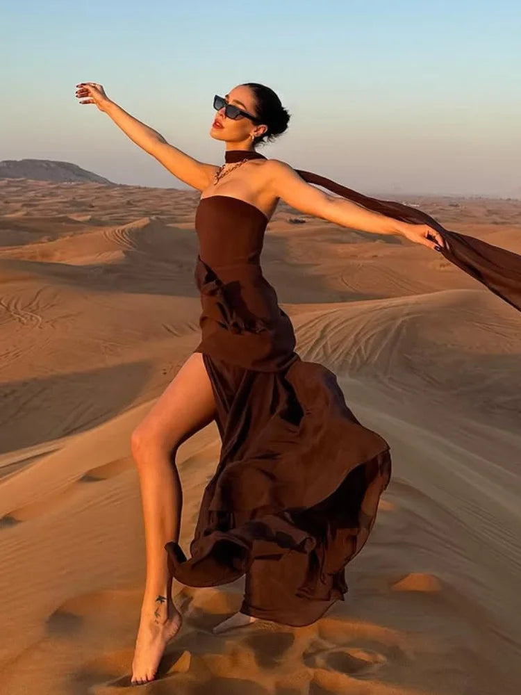 Strapless Flowy Maxi Dress – High Slit, Open Back, Elegant Evening Dress