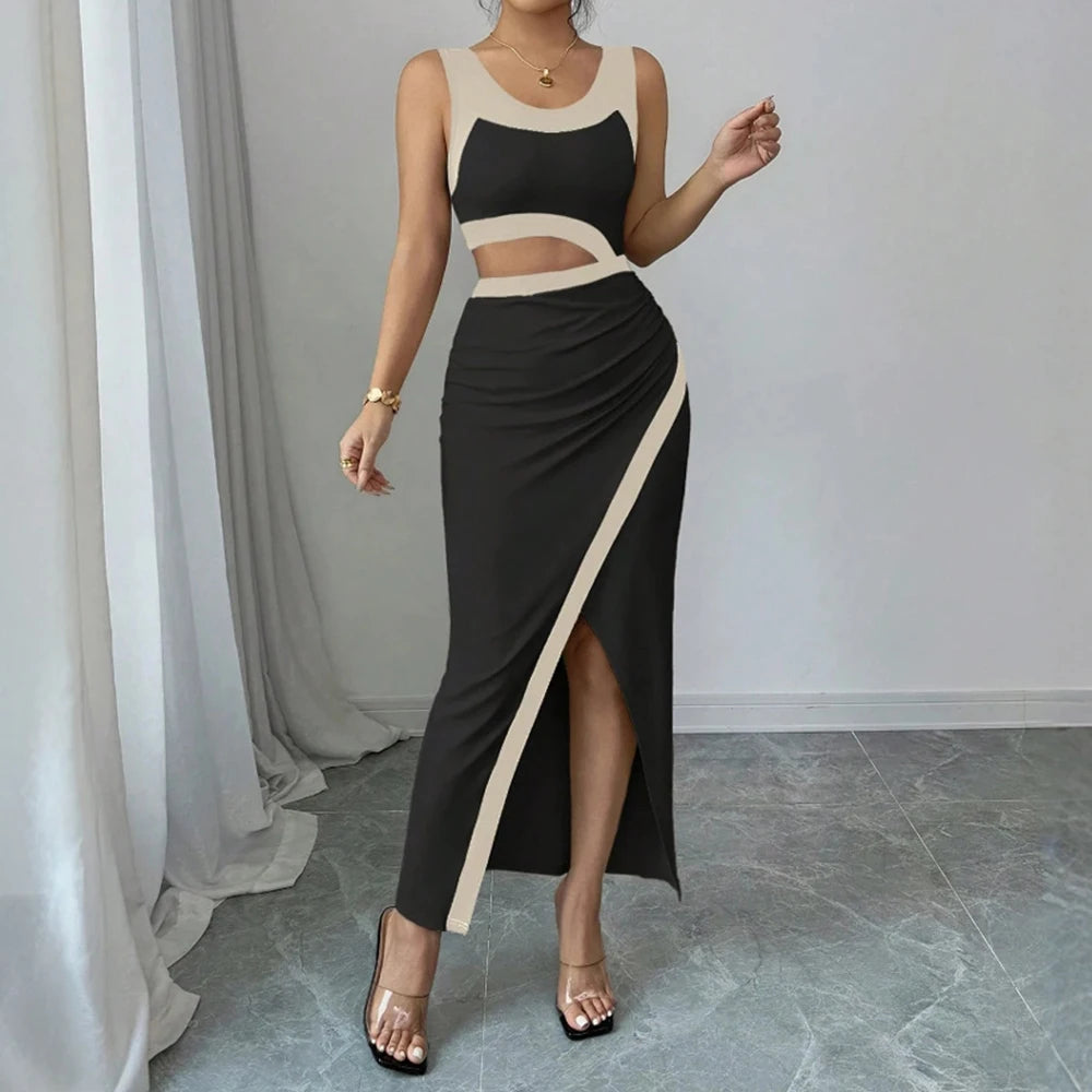 Cut-Out Bodycon Maxi Dress – Black & Beige, Sleeveless, Thigh-High Slit