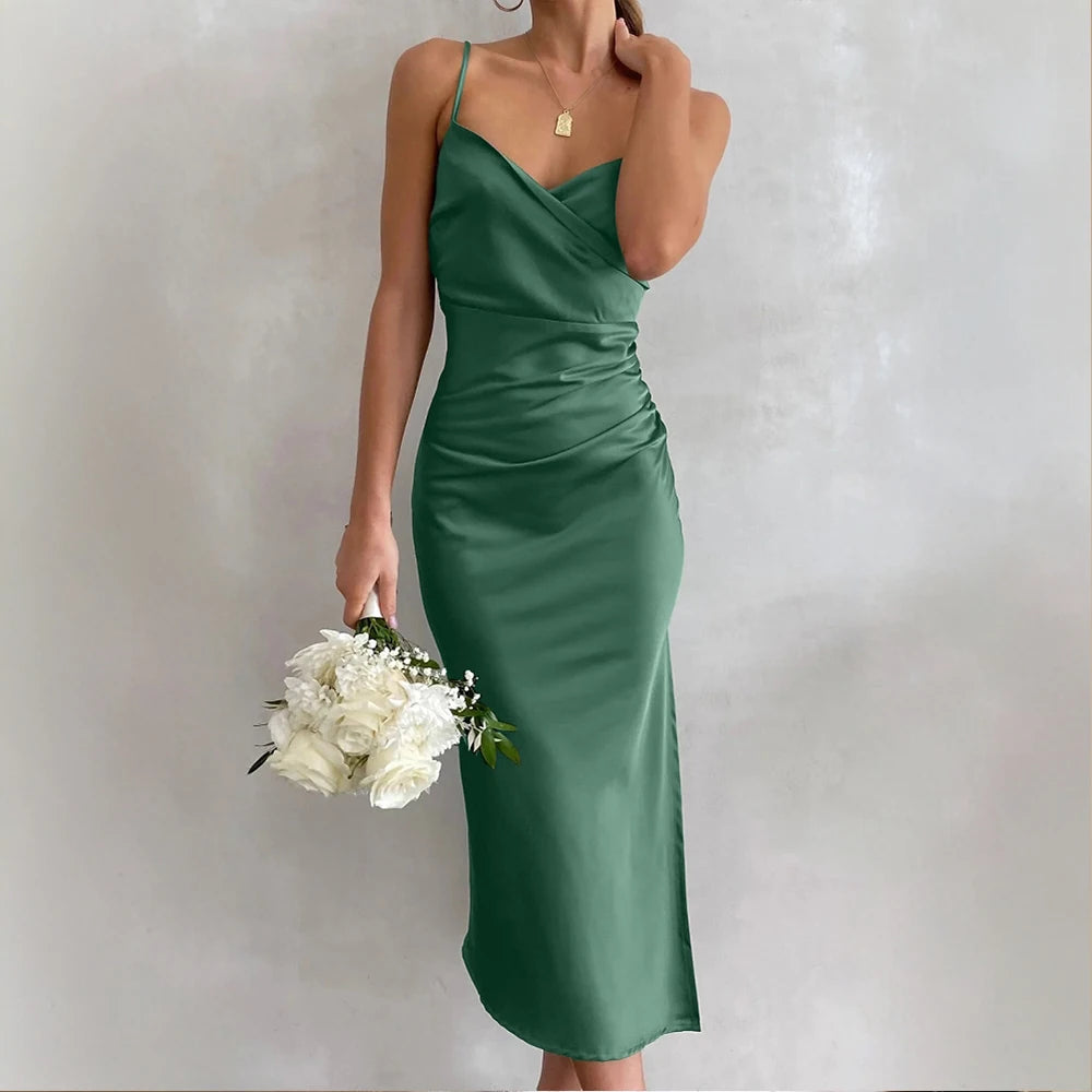 Satin Ruched Midi Dress – Spaghetti Strap, Side Slit, Green Cocktail Dress