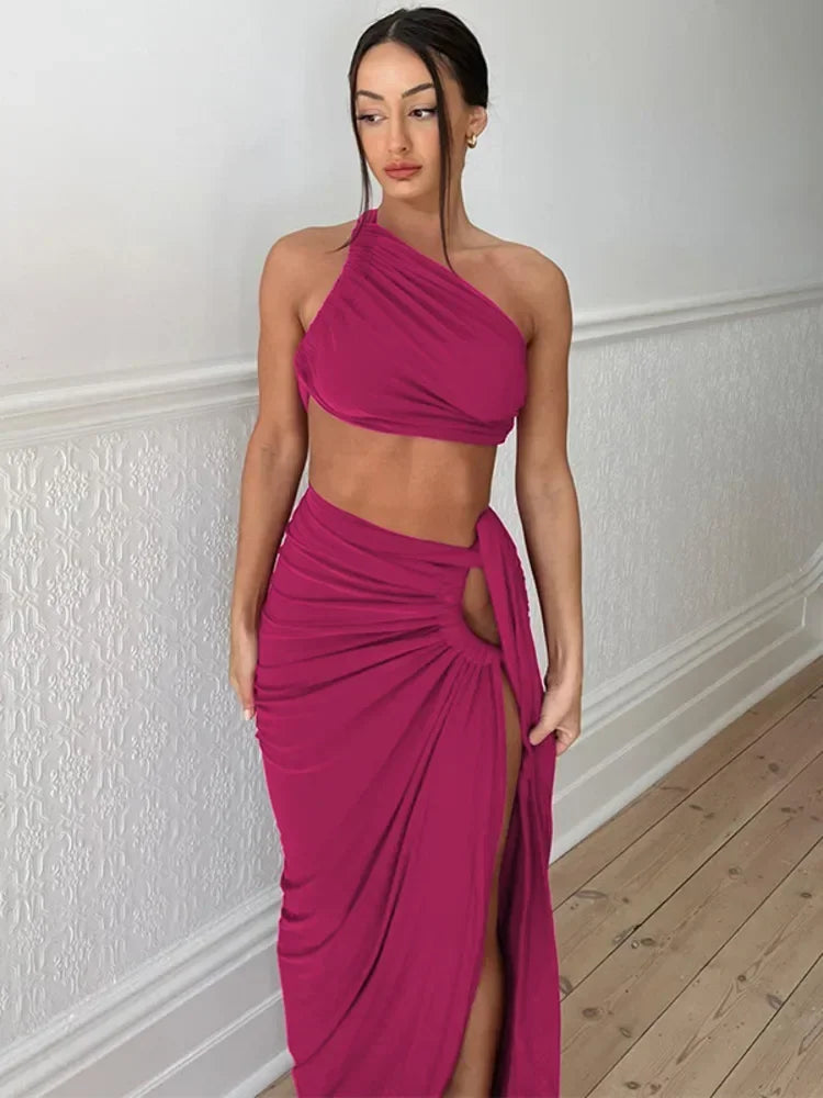 2-Piece Asymmetric Crop Top & Ruched Slit Skirt Set