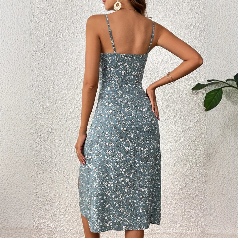 Floral Strappy Midi Dress – Sweetheart Neckline, Front Slit Summer Dress
