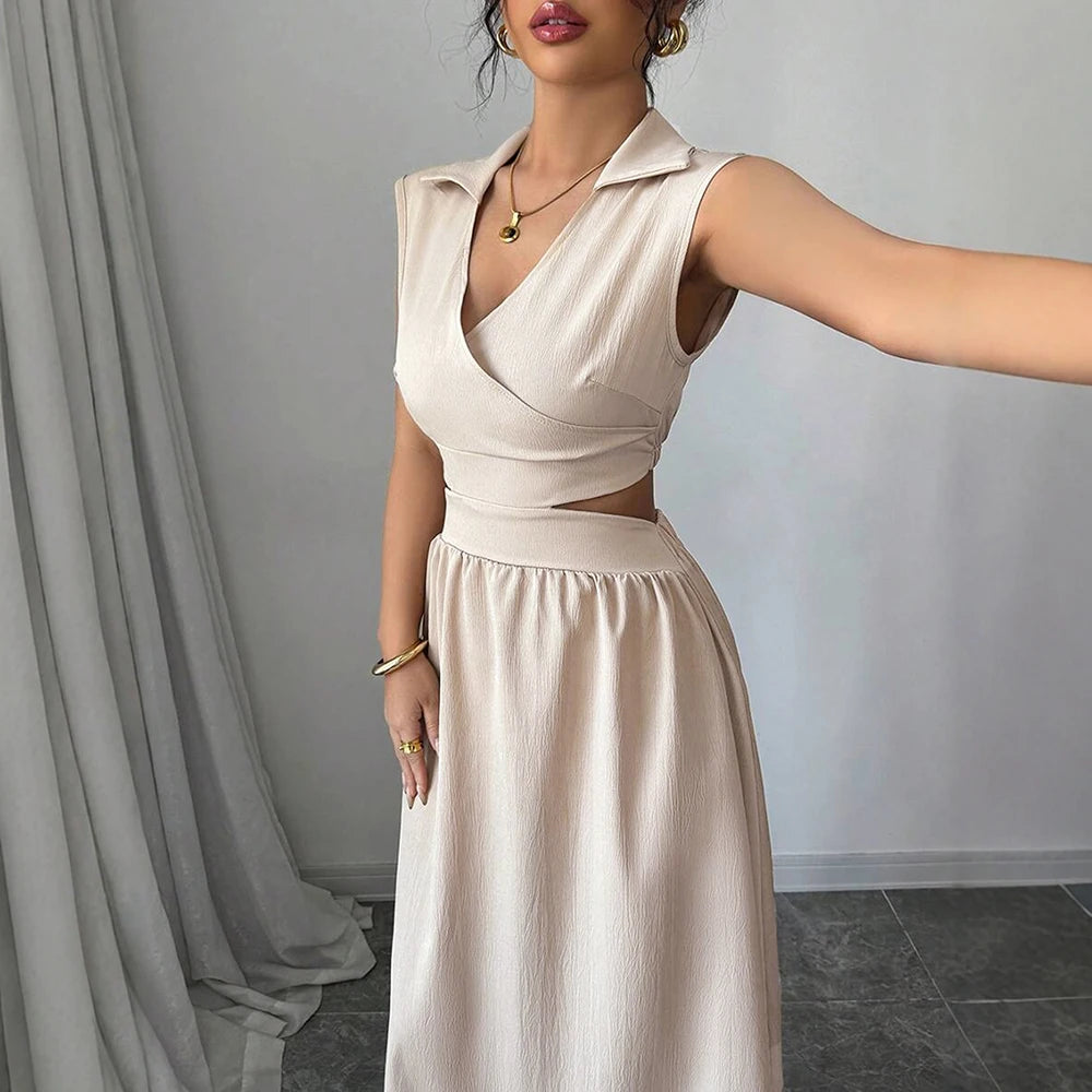 Sleeveless V-Neck Pleated Maxi Dress