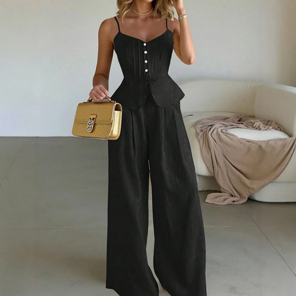 Spaghetti Strap Top & Wide-Leg Pant Two-Piece Set