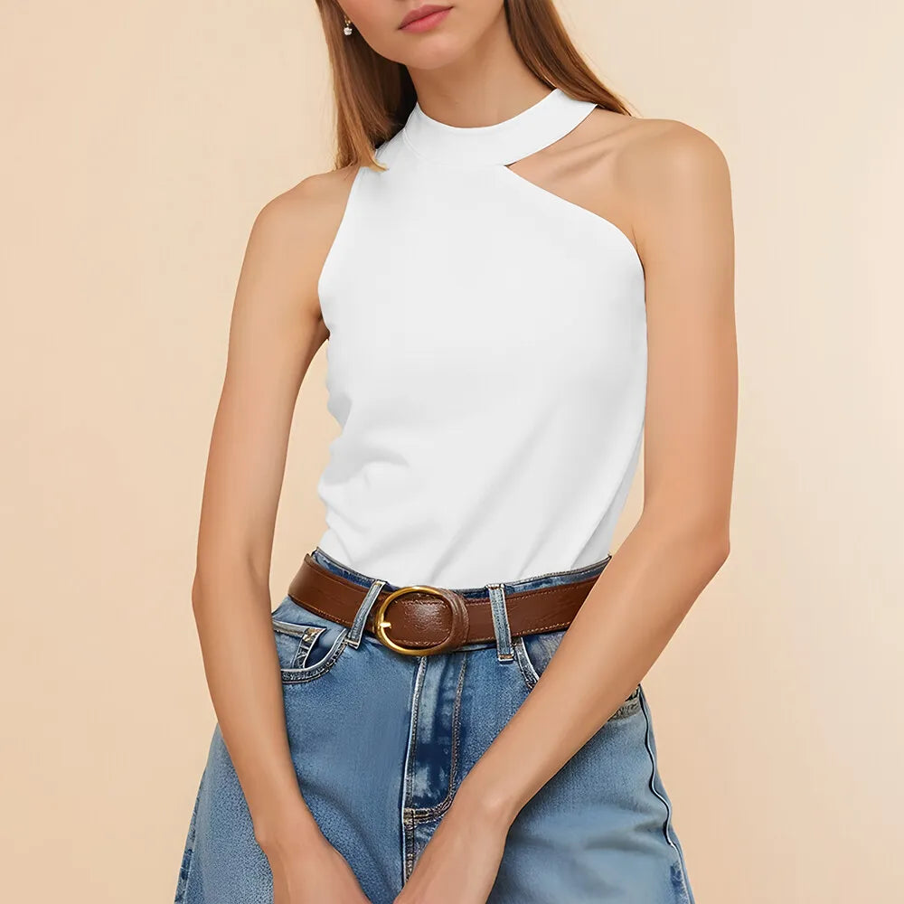 Asymmetric High Neck Sleeveless Top – White Minimal Chic Tank