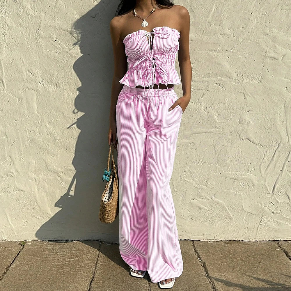 Striped Strapless Top & Wide-Leg Pant Set – Two-Piece Summer Outfit