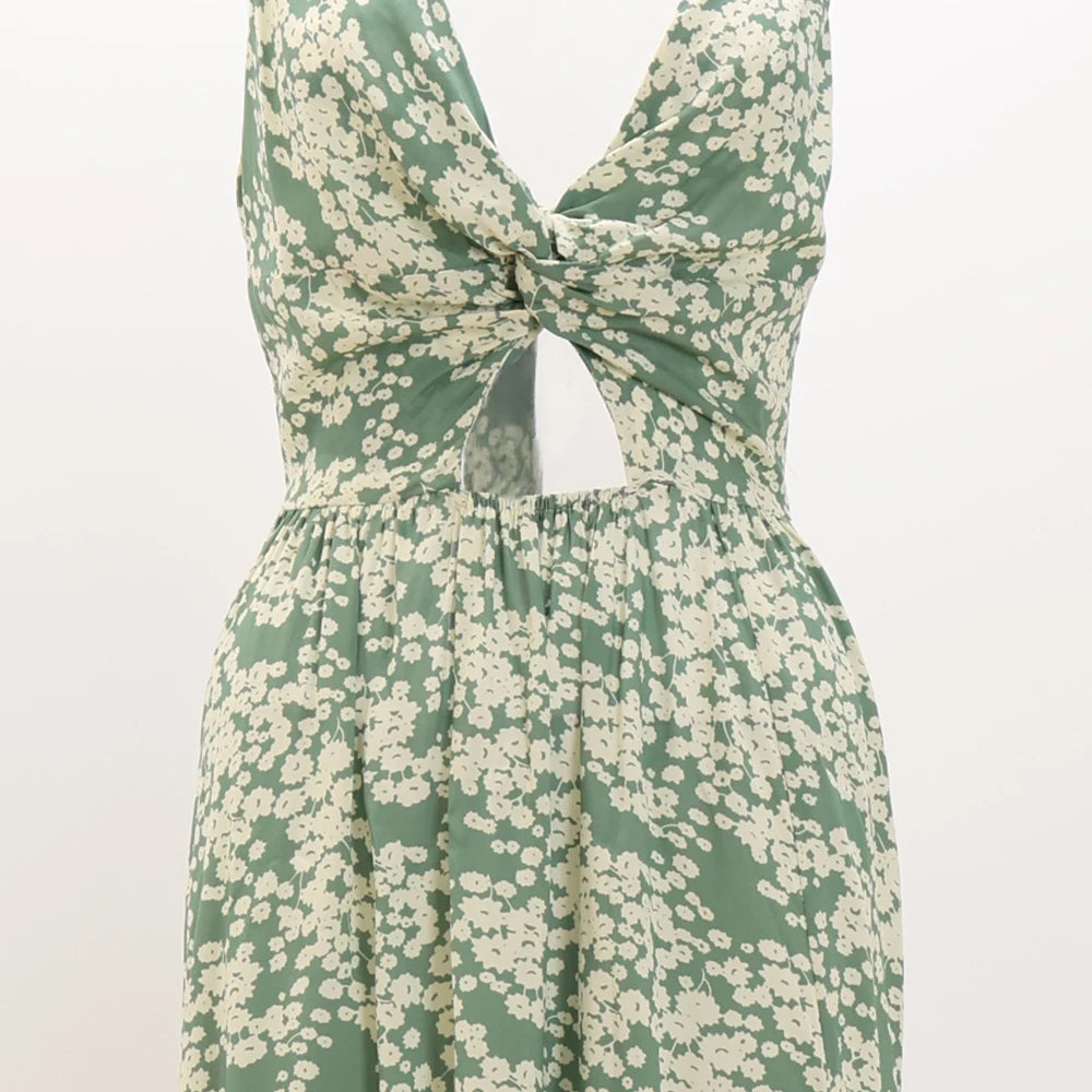 Floral Cut-Out Maxi Dress – Deep V-Neck, Sleeveless Summer Boho Style
