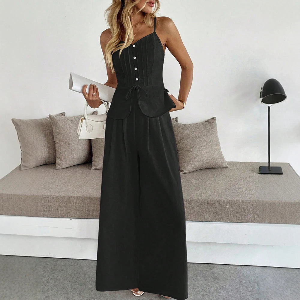 Spaghetti Strap Top & Wide-Leg Pant Two-Piece Set